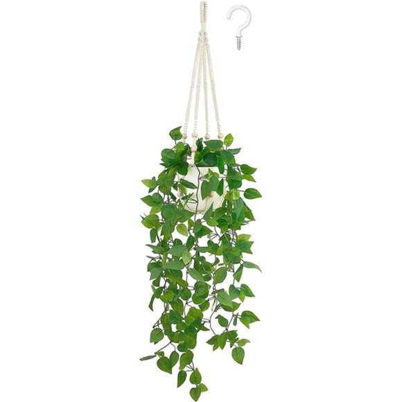 Fake Hanging Plant with Pot, Artificial Plants for Home Decor Indoor Macrame - Picture 1 of 7
